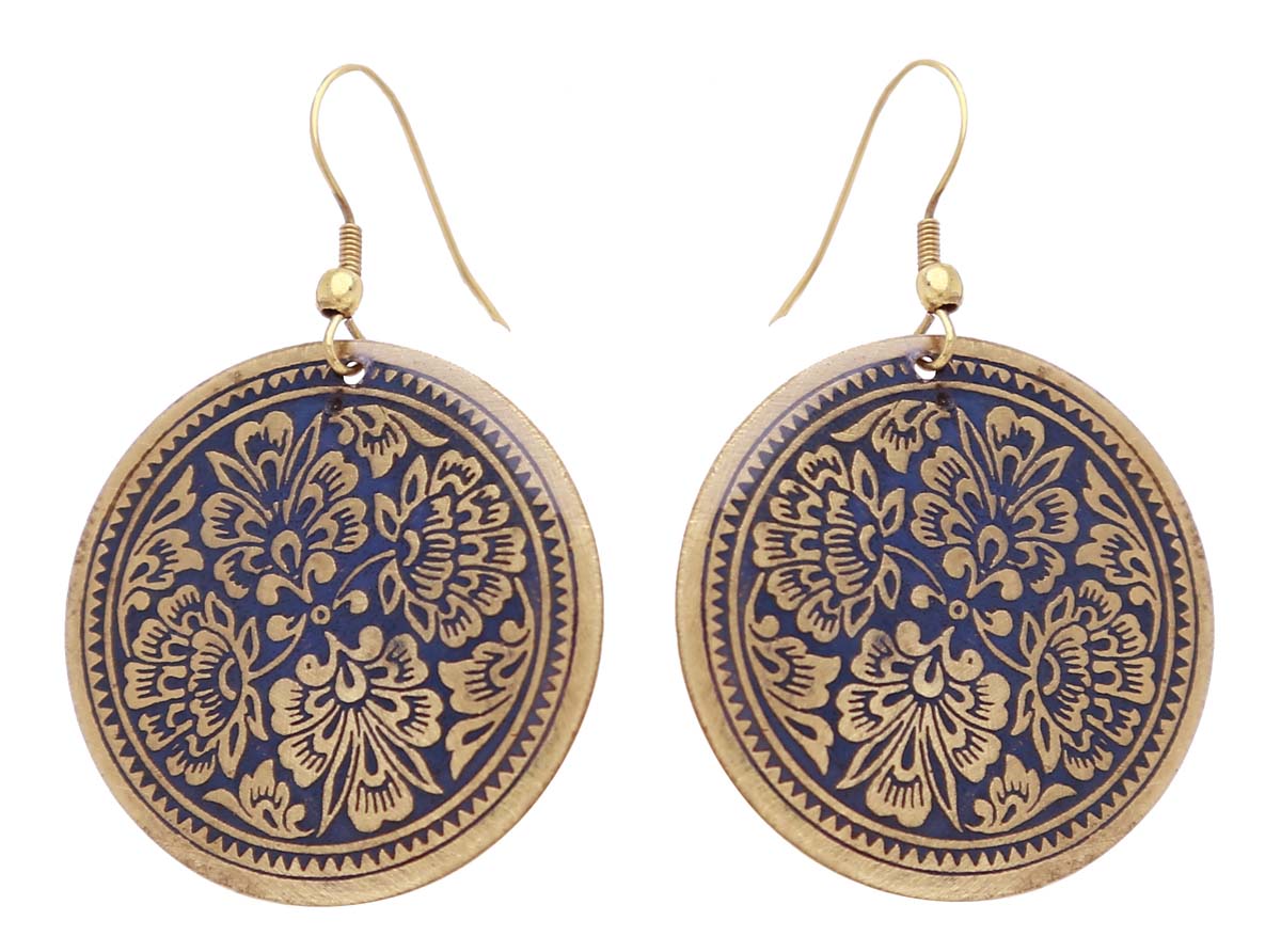 Wholesale Pair of Round Discs Brass Hook Earrings - Botanical Floral Motifs - Golden-Tone & Black - Buy Bulk Women Fashion Jewelry & Accessories